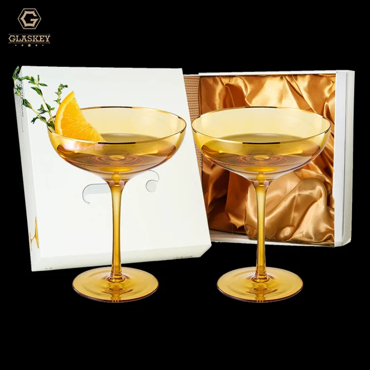 Gilded Rim Yellow Colored Lead-Free Crystal Coupe Glass 9Oz Champagne Glasses Gift Set Of 2  Gold Vintage Tumblers