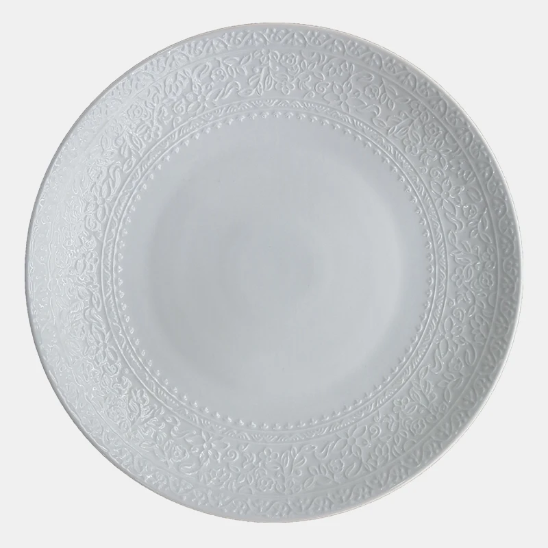 Wholese Hot Sale Relief Round Platter White Ceramic Plate