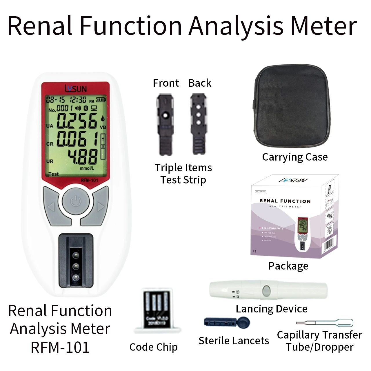 LYSUN 3 in 1 Renal Function Test Strip CREATININE/ URIC ACID / UREA Multifunctional Kidney Function analyzer