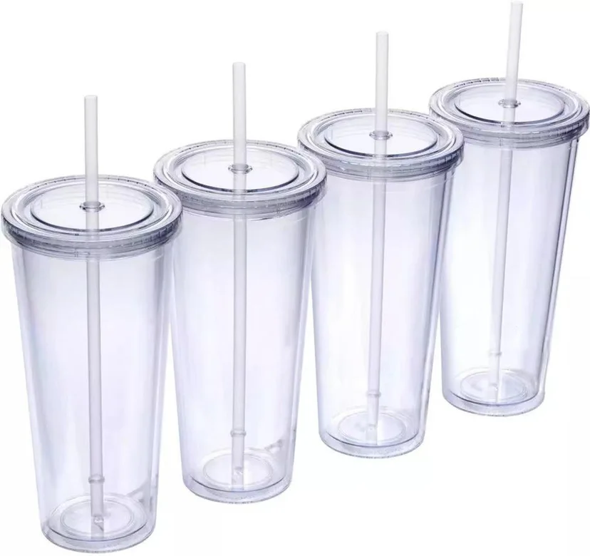 2022 hot selling 350ml 450ml 650ml double wall clear plastic cup with lid and straw