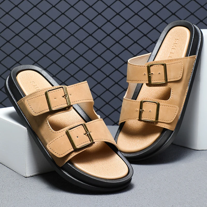 2024 New Design Summer Casual Slide Sandals Comfortable Slip on Slippers Fashion Luxury Leather Flat Sandals for Men