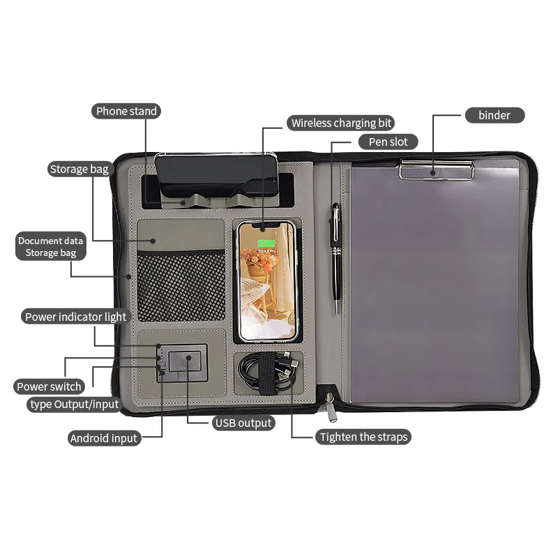 A4 Document Folder PU Leather Zipper Ring Binder Conference Bag Leather Briefcase Padfolio Portfolio with Handle