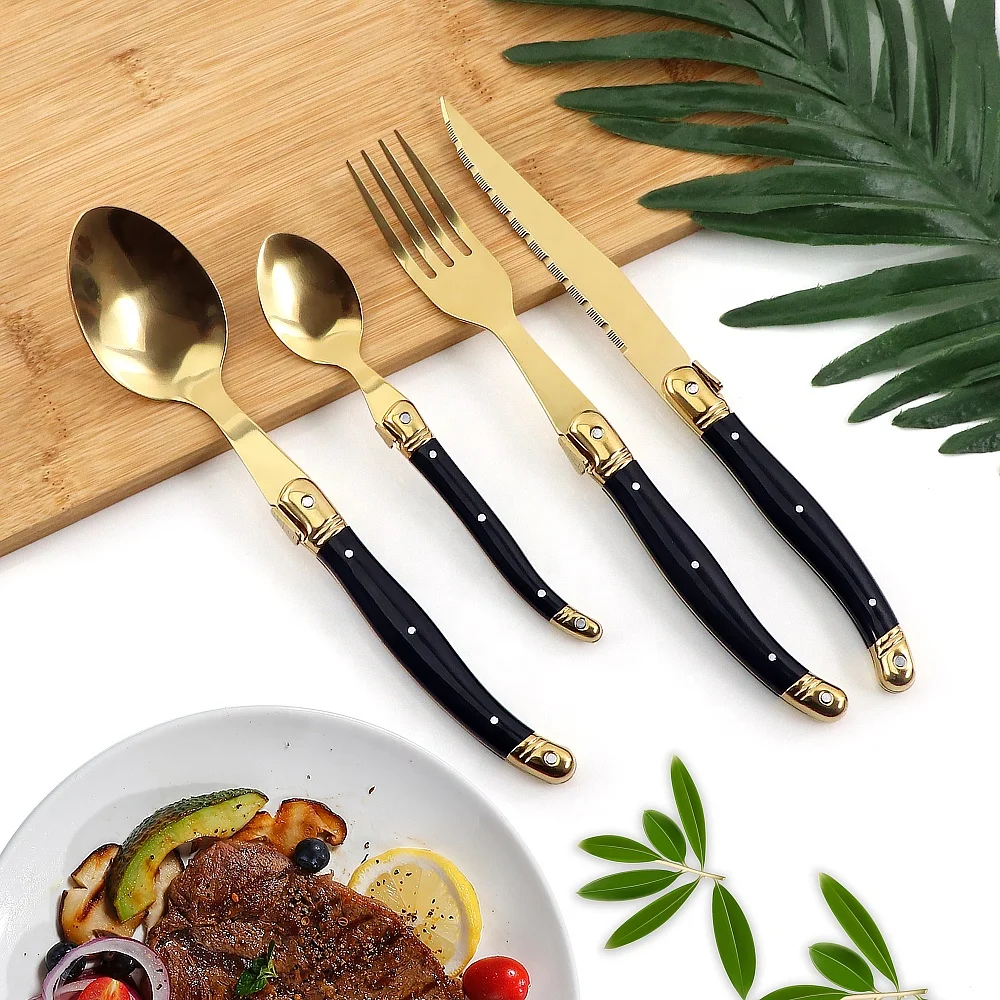 Golden Flatware Laguiole Cutlery Set Stainless Steel Sharp Steak Knives Forks Soup Spoons Teaspoons Dinnerware Set For Wedding