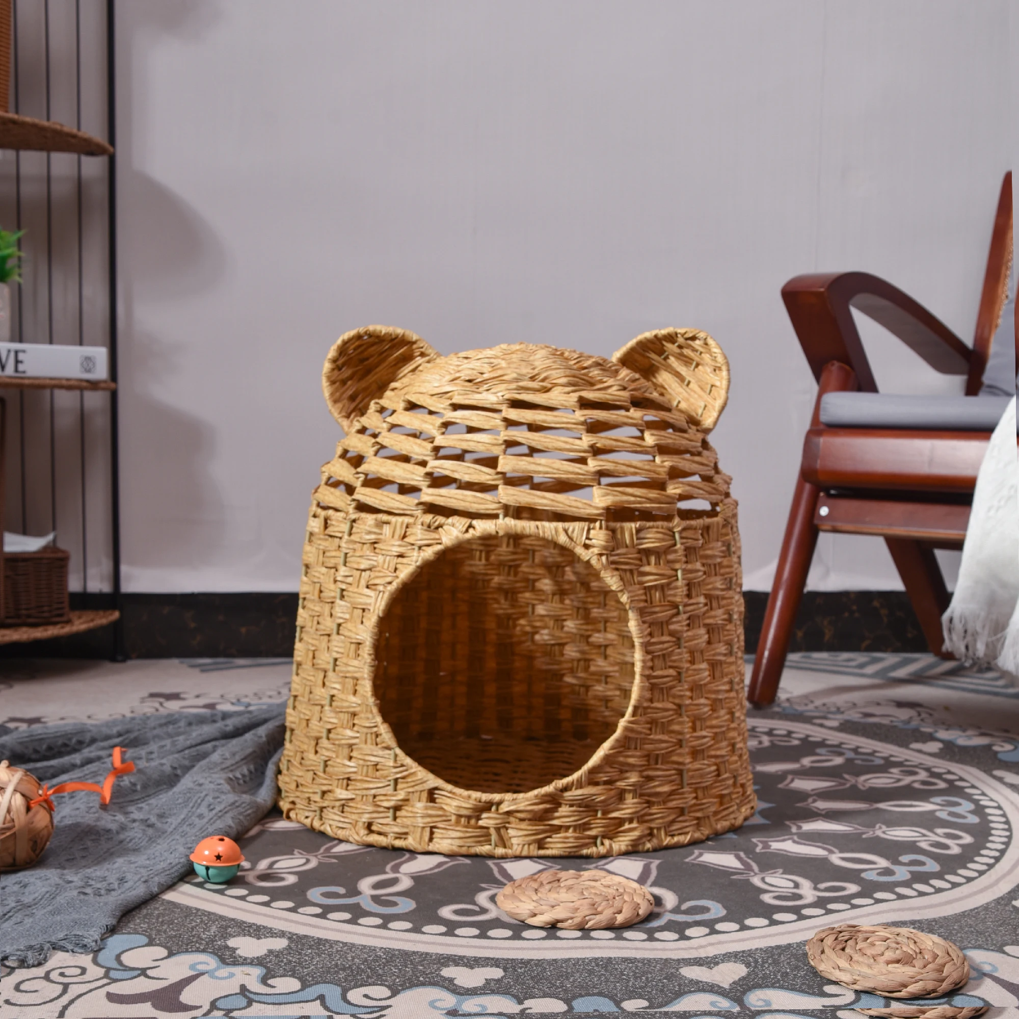 XH пластиковая плетеная тканая собачья кровать в форме кошачьих ушей домик с матрасом для домашних животных роскошный