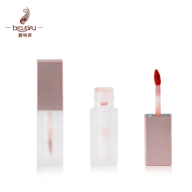 Empty 2.5ml plastic square lip gloss/liquid lipstick tubes with metallic pink lid + frosted transparent bottle with heart brush