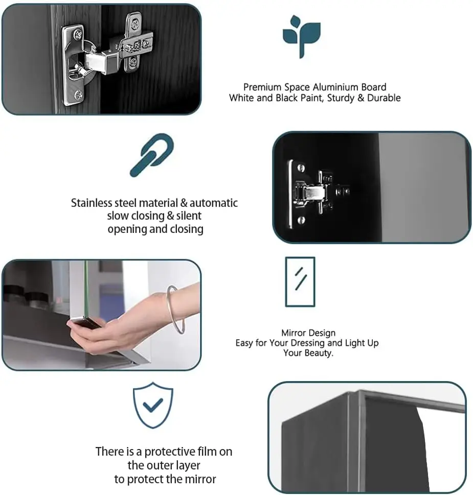 Reversible Hinges Bathroom Toilet Vanity Cabinet With Mirror and Open Shelf Mirror Cabinet Medicine Cabinet