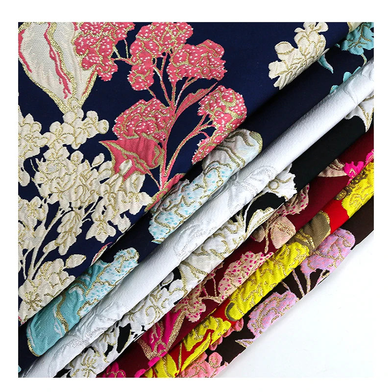 Wholesale small MOQ design women dress brocade fabric wedding polyester metallic fabric organza jacquard fabric