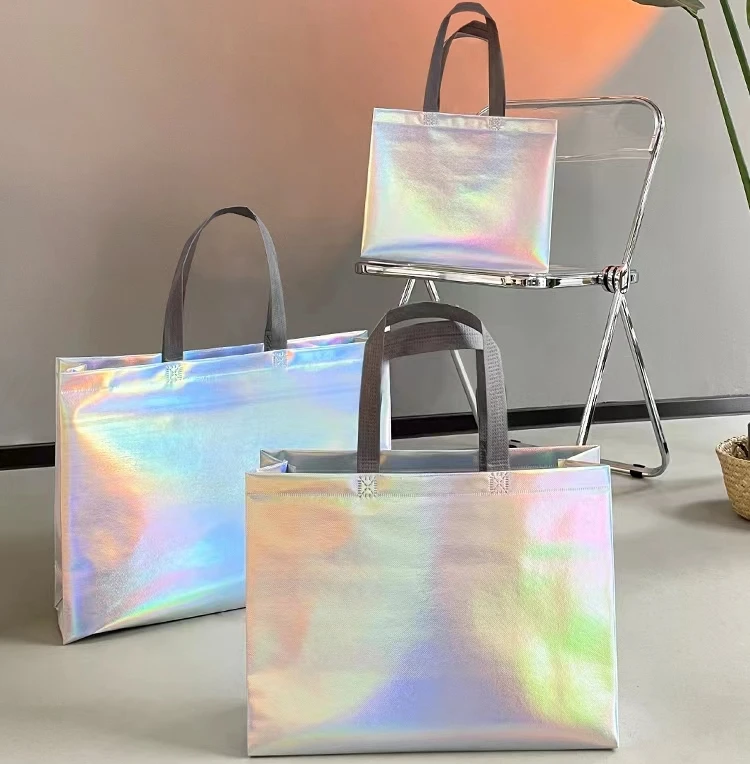 wholesale custom logo hologram effect reusable non woven shopping bag with lamination holographic bag