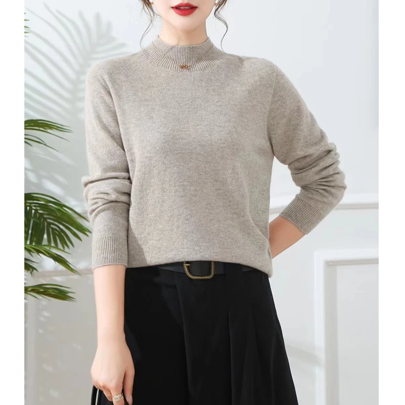 sweater custom 100% cashmere seamless one-piece sweater with half turtleneck inside and a solid color blouse for women
