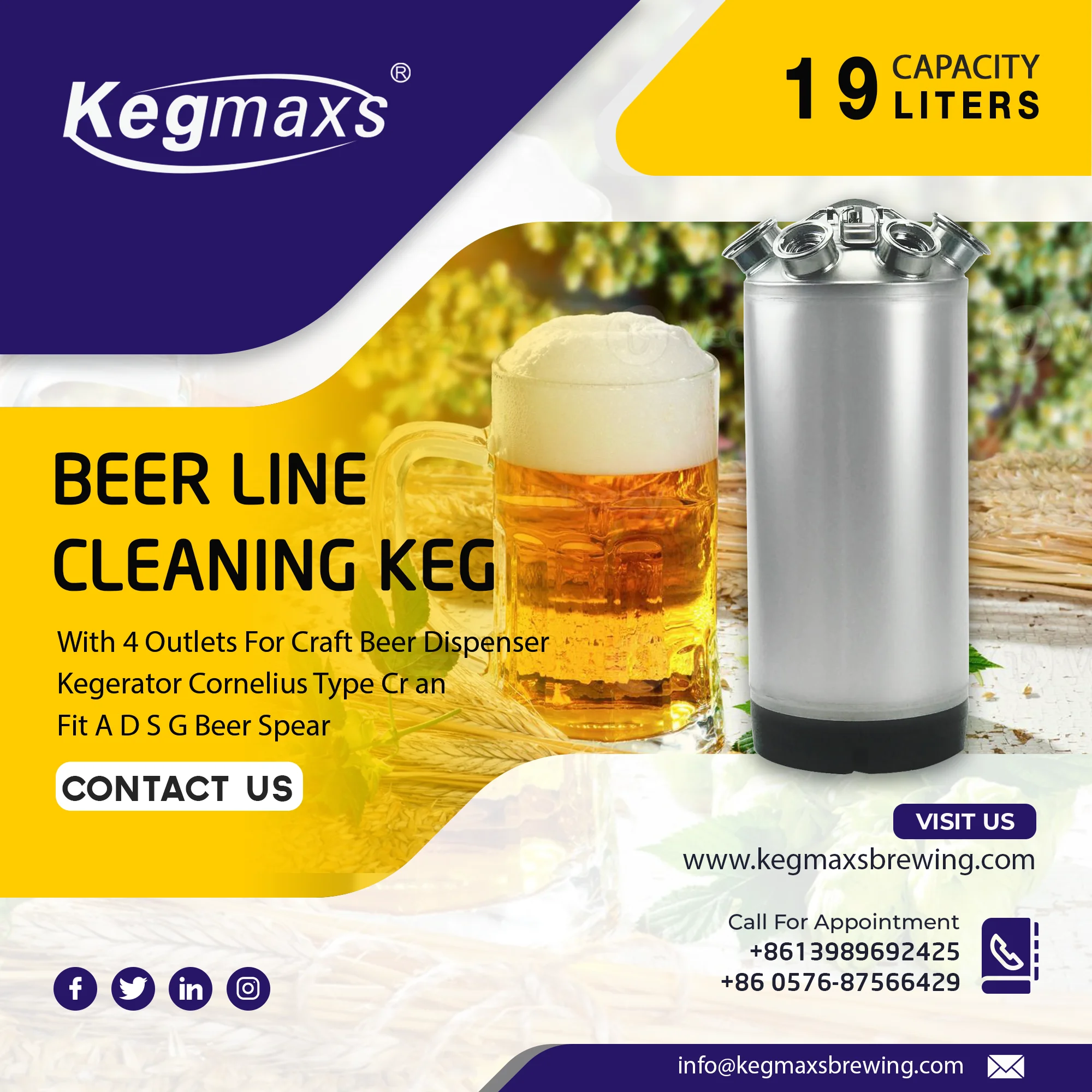 Kegmaxs Ball Lock Keg Cleaning Keg 19L With 4 Outlets  Corny Keg Malt Mill Drip Tray Cornelius Type Cr an Fit A D S G Beer Spear