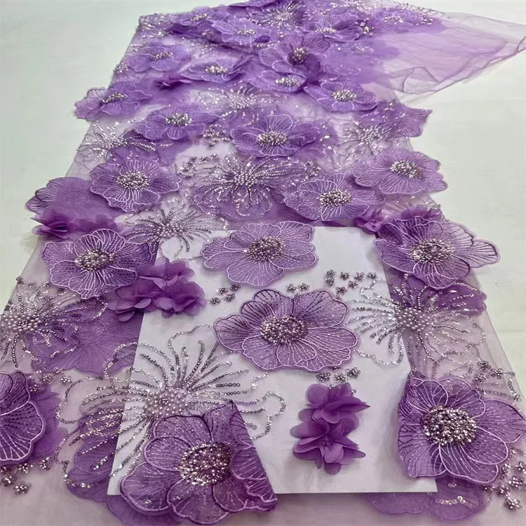 New fancy 3d flower wedding tulle high quality net beaded sequin lace fabric for women