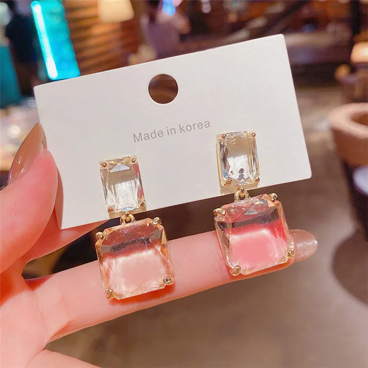 925 silver needle Korean advanced crystal transparent Square Earrings
