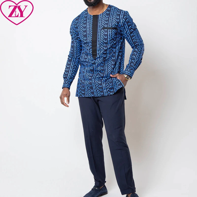 African Print Traditional Shirt Blue Navy Printed Men Top 100% Cotton Wax Shirt For New Season