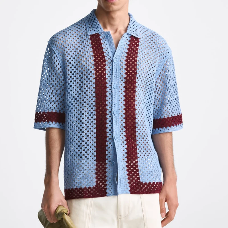 Summer Short Sleeve Custom Logo Crochet Knit Mesh 100 Cotton Button Down Mens Knitwear Polo T Shirt Crochet Shirt
