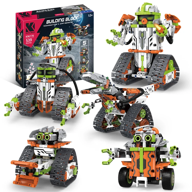 593 Pcs 5 in 1 APP Control Programming Robot Building Blocks Kit Science 2.4Ghz Rechargeable RC Stunt Racer Tank 3D Toy