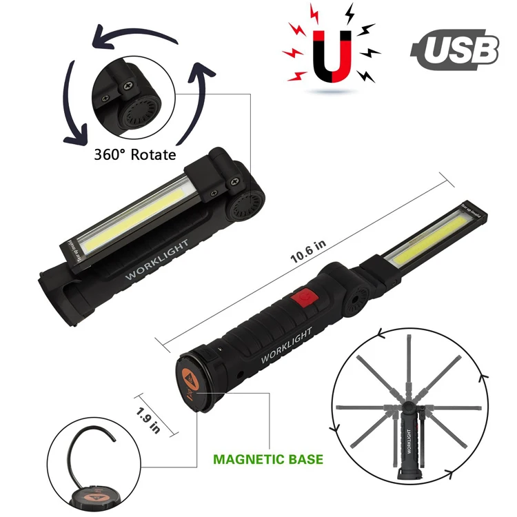 360 Degree Rotate 5 Lighting Mode Car Inspection Big and small size USB Led COB Rechargeable Work Light with Magnetic Base
