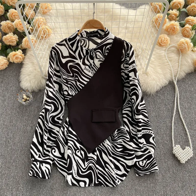 Hot Sale Ladies Elegant Long Sleeve Blouse Tops Fashion Patchwork Striped Chiffon Shirts for Women