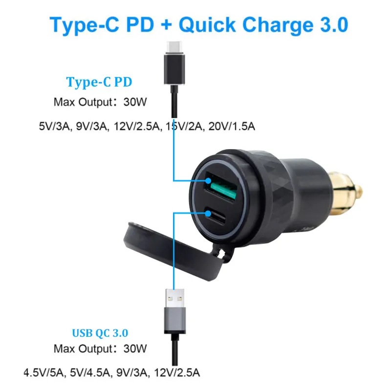 Waterproof 12V/24V  Din Hella Plug to Quick Charge 3.0 USB Charger and Type C Power Delivery Adapter for BMW Motorcycle