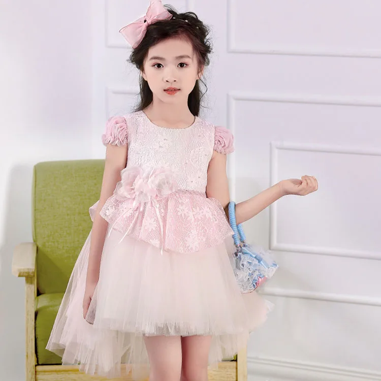 
Girls Party Wedding Flower Lace Dresses With Long Tailed Short Front Long Back Skirts 