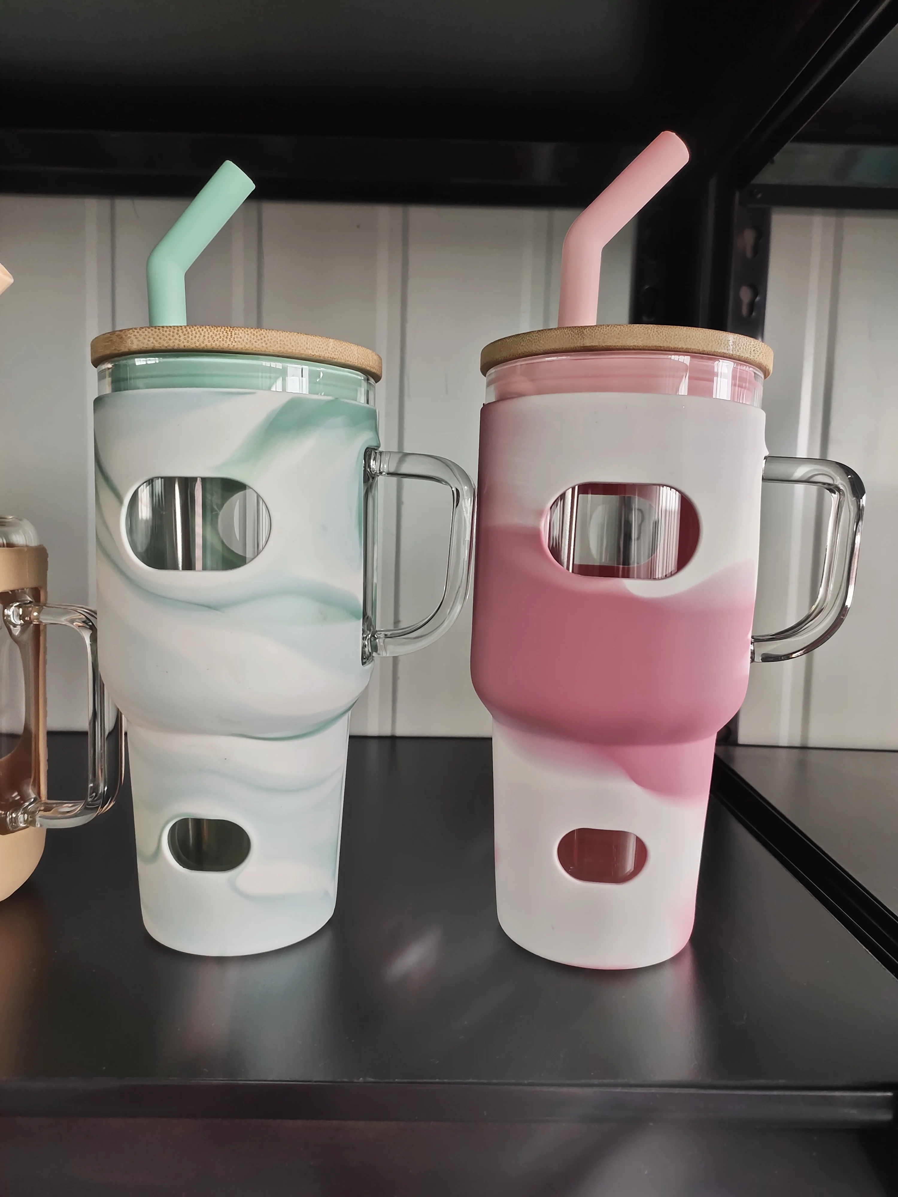 32oz 40oz 50oz glass jar water bottle with time marker  glass cola can travel tumbler with bamboo lid and straw mug