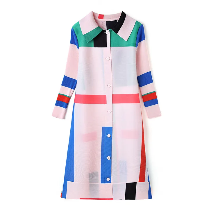 Fashion aging white windbreaker in the long spring autumn Miyake print contrast color lapel temperament pleated long sleeve coat