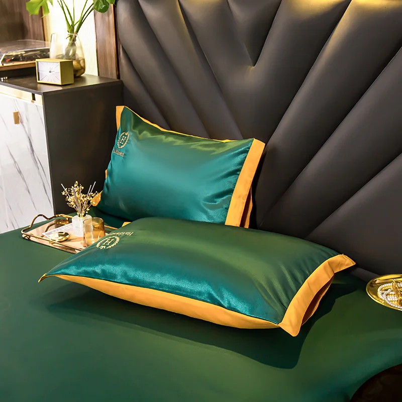 Dark Green Solid Color Ice Silk Lace Summer Embroidery Washable Bed Spreadsheet 3PCS Set