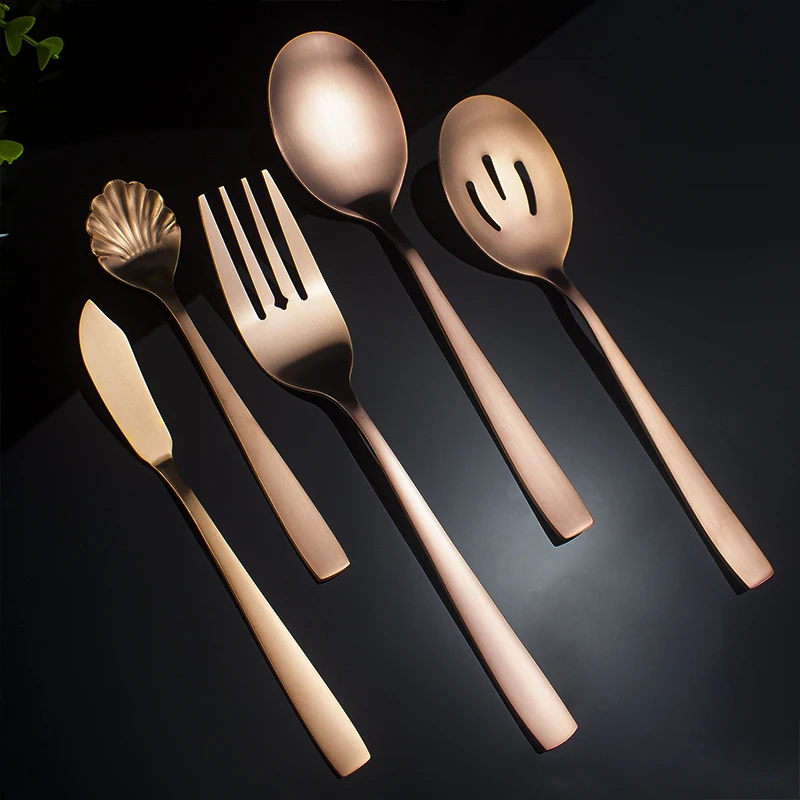 Matte Stainless Steel Serving Spoon Fork Knife Cutlery Set Gold Catering Restaurant Buffet Serving Utensils