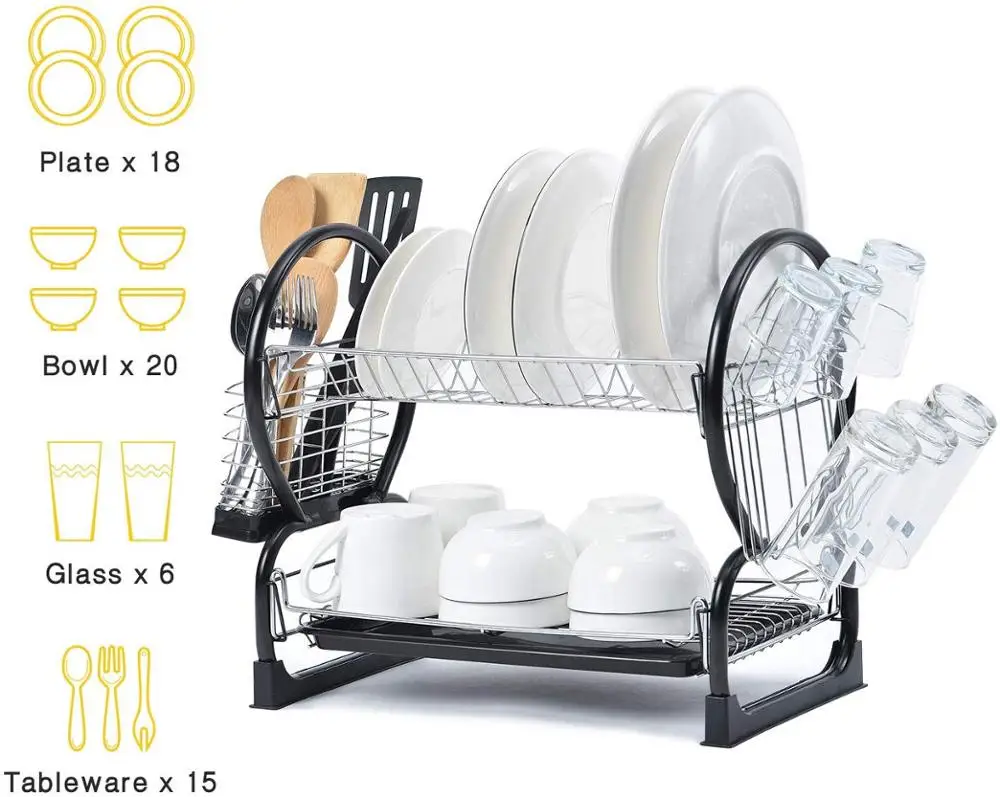 Kitchen big capacity bowl plates hold detachable 2 tier black metal dish rack with tray