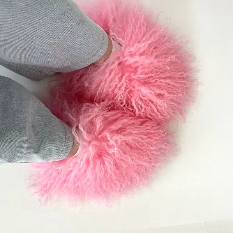 2024 Custom Logo Pantuflas De Peluches Slip On Zapatillas Fluffy Plush Fuzzy sheep fur slides Mongolian fur  slippers