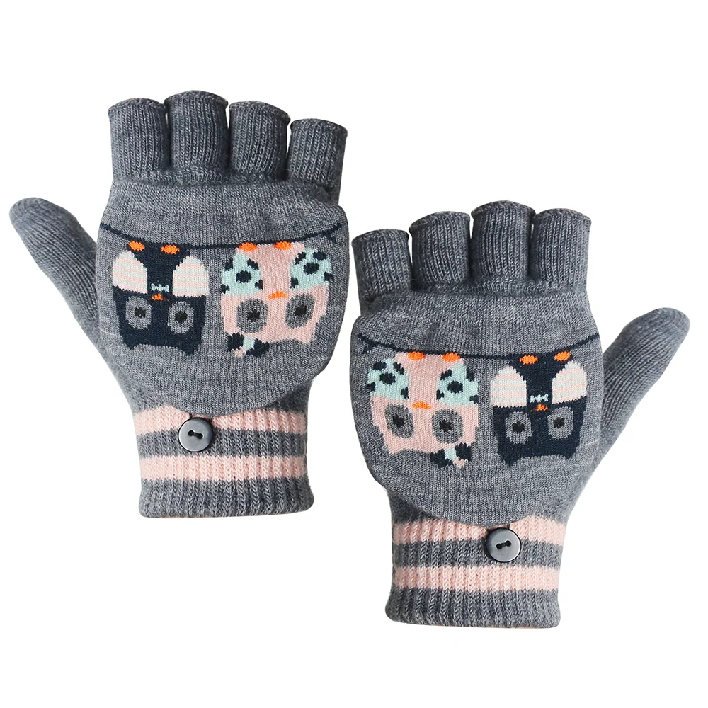 Jacquard Fingerless Knitted Animal Pattern Mittens Convertible Flip Top Cute Kids Winter Gloves with Flap Cover for Boys Girls