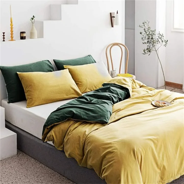 Oeko-tex hot selling 100% washed cotton customized bedding set customized bedsheet set Luxury cotton bed sheet green duvet cover