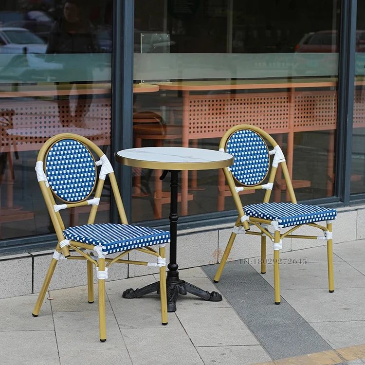 2+1 French Cafe set Bistro Chair Aluminum PE Blue cane chair Balcony Garden armless chair