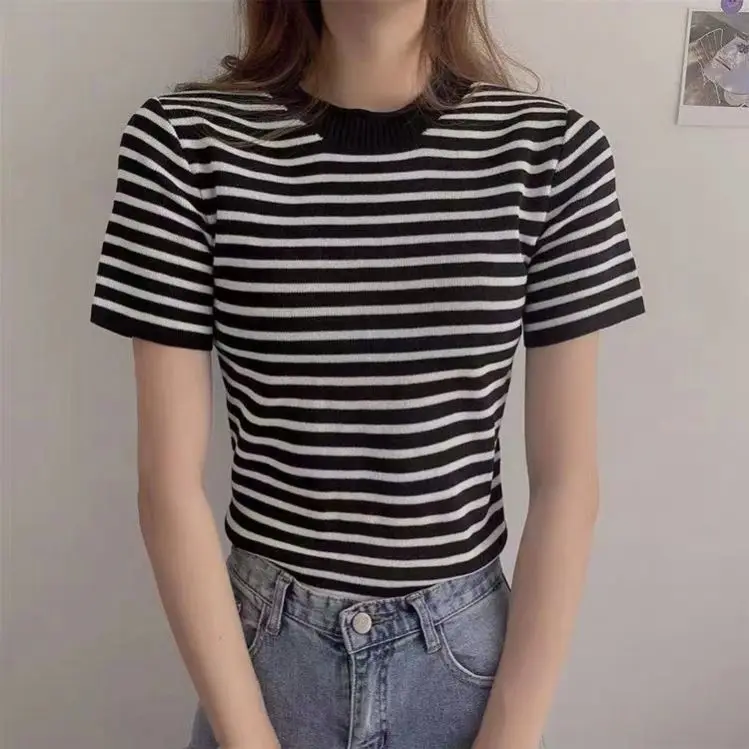 New Arrival Summer Striped Knit T-shirt for Women Short Sleeve Round Neck Thin Knitwear Blouse Girls Casual Tops