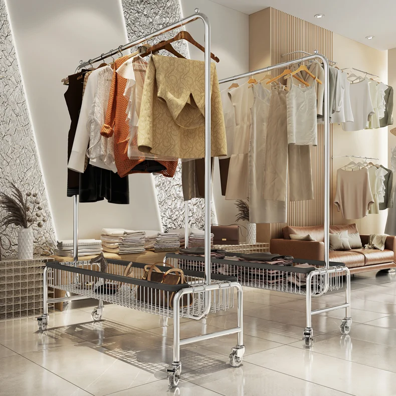 Kainice double layer storage floor hanger clothes organizer rack hotel commercial metal laundry basket cart with wheels