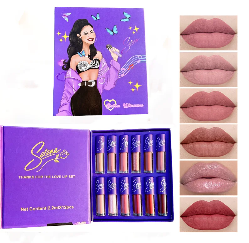 Makeup High Quality Custom 12 Colors Long Lasting Waterproof Glitter selena  Lip Gloss set