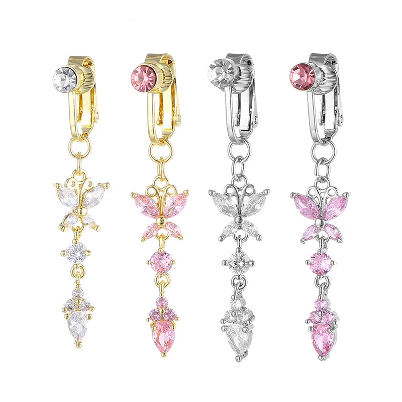 New CZ Zircon Butterfly Fake Belly Piercing Non Piercing Belly Button Ring Butterfly Clip On Umbilical Navel Fake Piercing