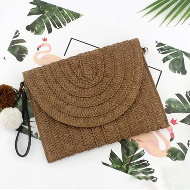 Best Selling Fashion Pompom Straw Clutch Women Handmade Straw Crossbody Bag Summer Beach Envelope Purse Wallet