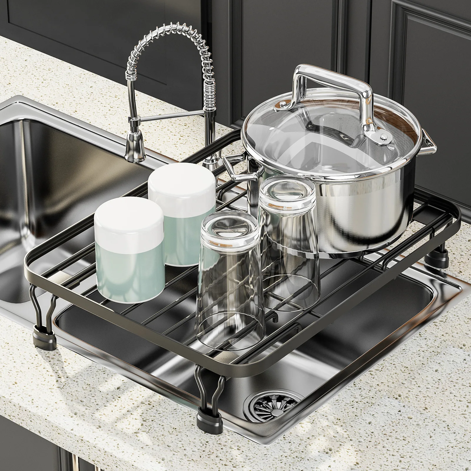 Single-Tier Kitchen Sink Rack Retractable Dish Holder for Fruit & Vegetable Utensils Basin Draining Mat Filter Shelf Storage