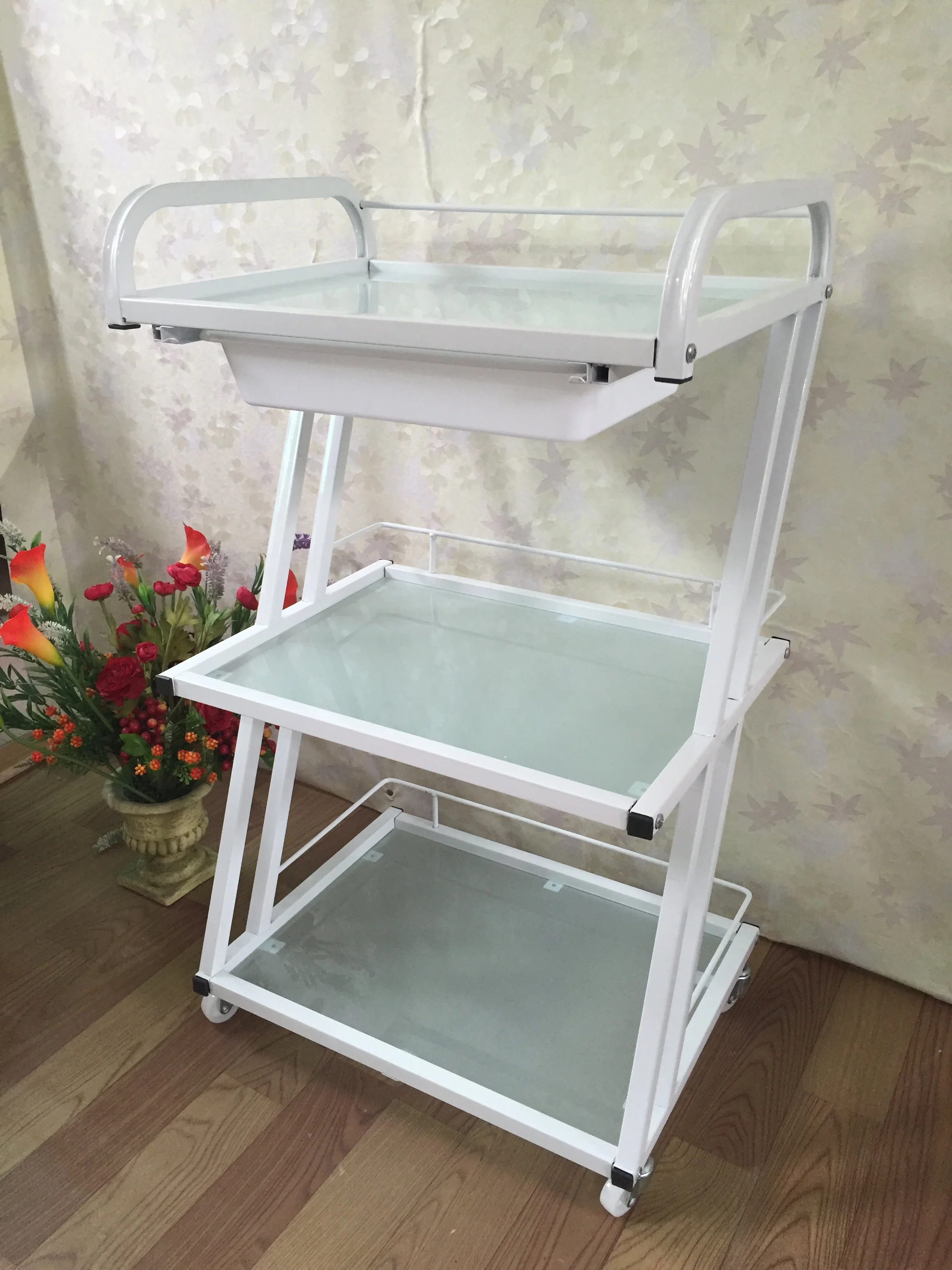 Hot Selling High Quality Big Size Salon Trolley Glass Material Beauty Salon Instrument Trolley Cosmetic Trolley For Beauty Salon