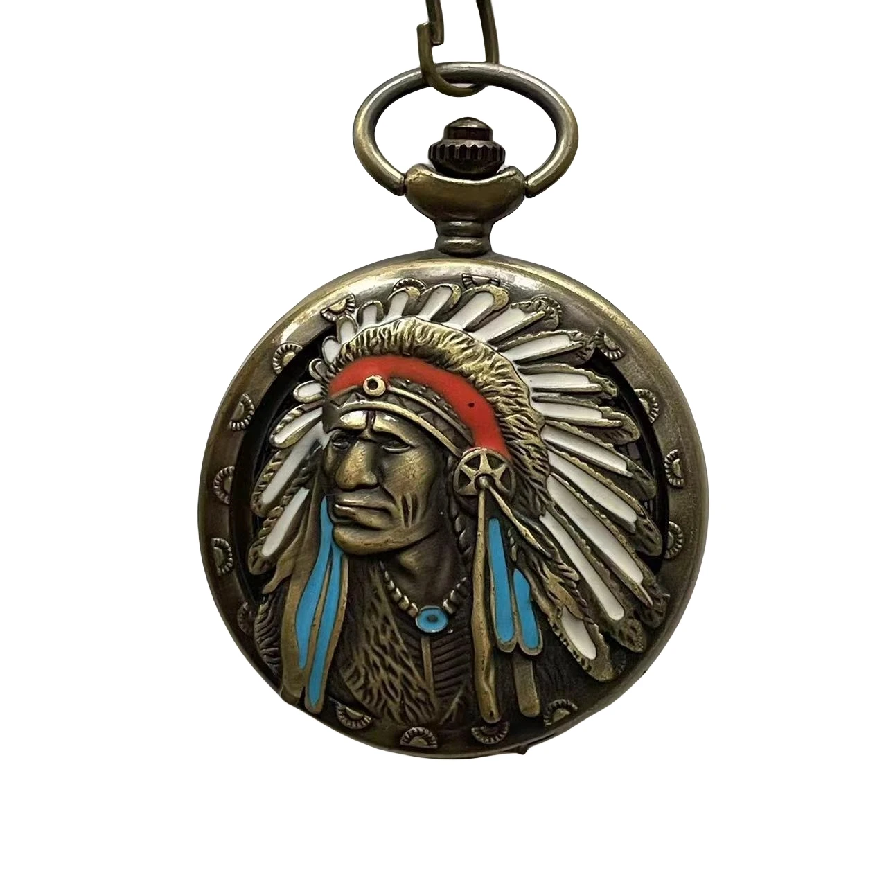 Vintage Tribal Chief Series Pocket Watch Bronze Pendant Necklace Chain Souvenir Gifts