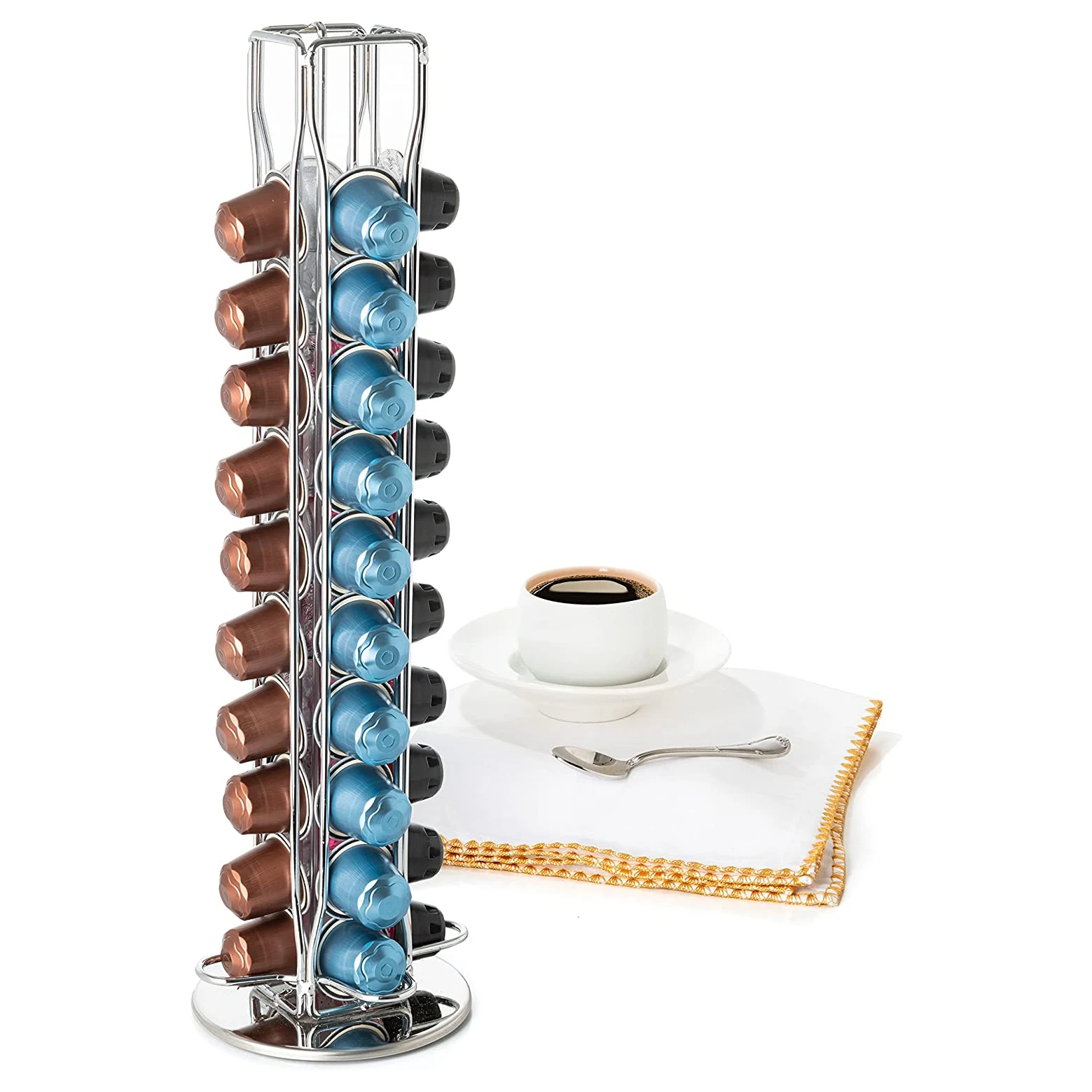 Silver Metal Coffee Pod Carousel Capsules Holder Storage Organizer Rack Compatible with Nespresso Original Line 40 Pods