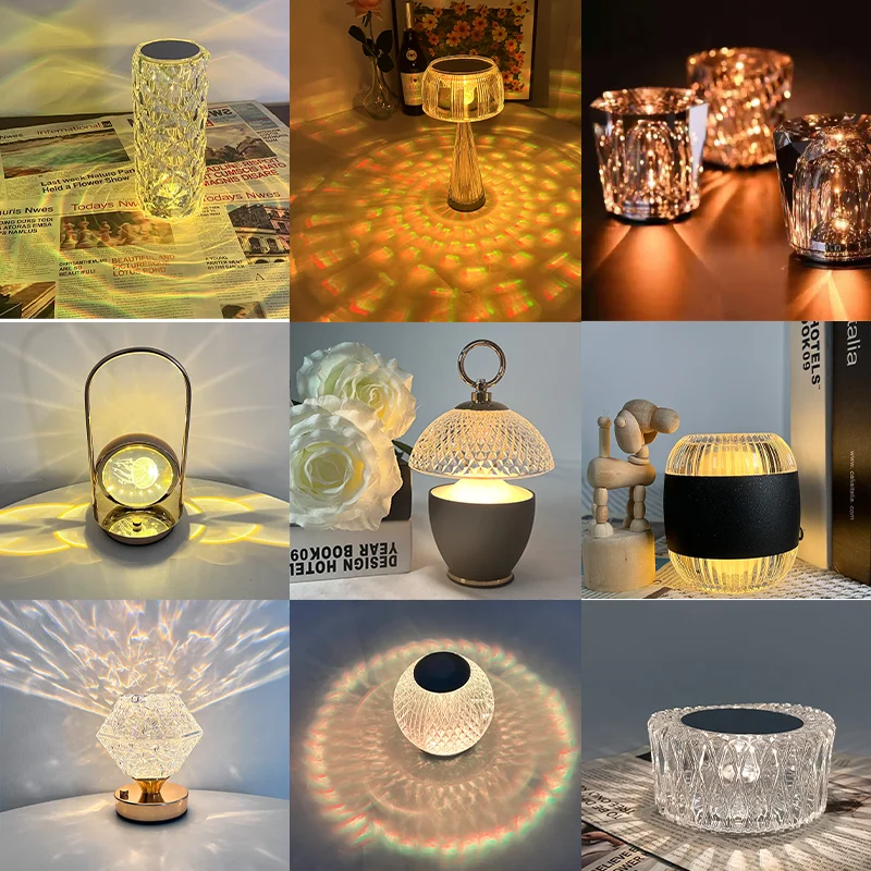 Vintage Gold Diamond Crystal Shade Battery Operated Dimmable Rechargeable Restaurant Touch Cordless Luxury LED Table Lamps