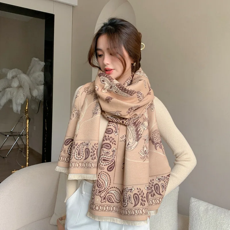 Zandy OEM&ODM winter shawl ethnic style imitation cashmere scarf for women Blue Bird Cashew Nut Warm Scarf