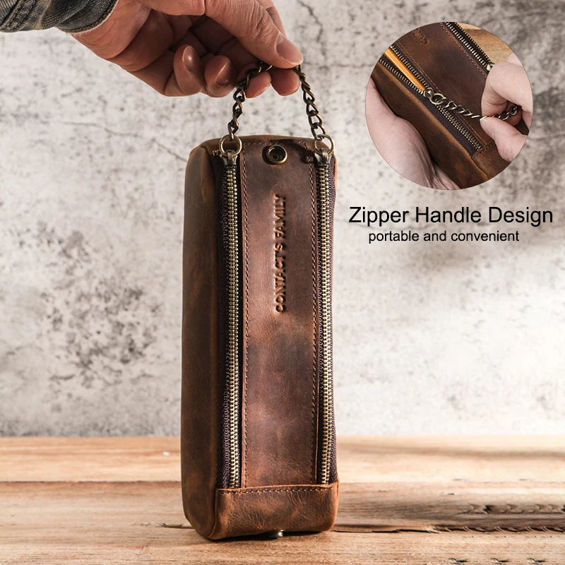 School Stationery Large Capacity Carrying Drawing Sketching Crazy Horse Leather Pencil Case Box with Zipper Strap Pencil Bag