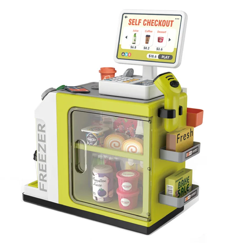 Cash Register Play set for Kids 46PCS with Toy Coffee Machine Pretend Play Money Calculator Scanner Credit Card and Play Food