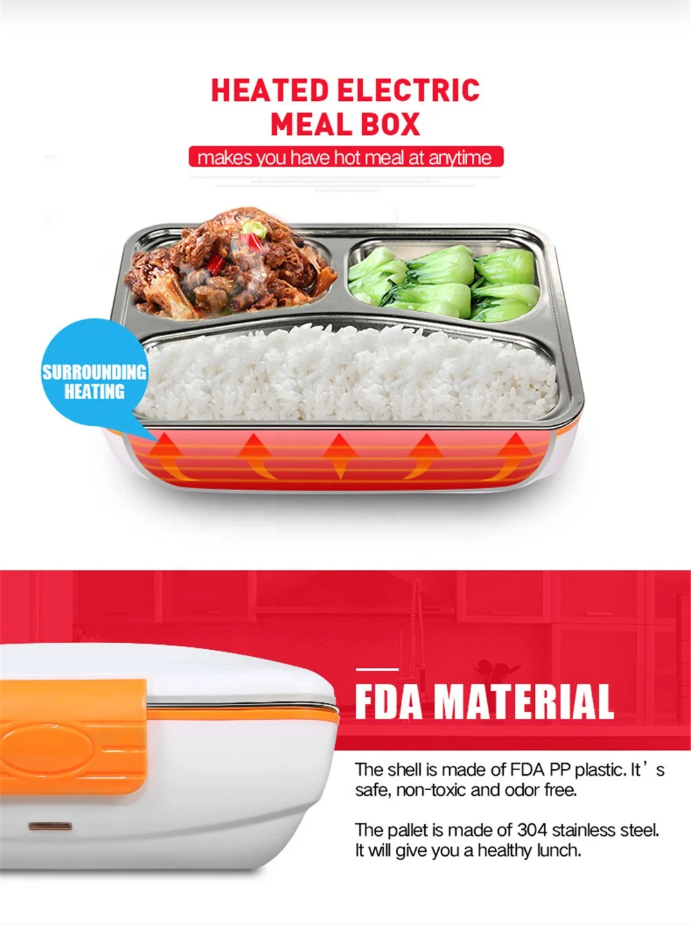 50W 3 Compartments Stainless Steel Container Food Warmer Heater Box Car Electric Portable Tiffin Lunch Box For Heating Meal