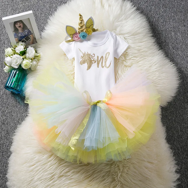 Wholesale Flower 1st First Birthday Outfit Boutique Unicorn Tutu Dress 1 Year Baby Girl Birthday Dresses with Headband 3pcs