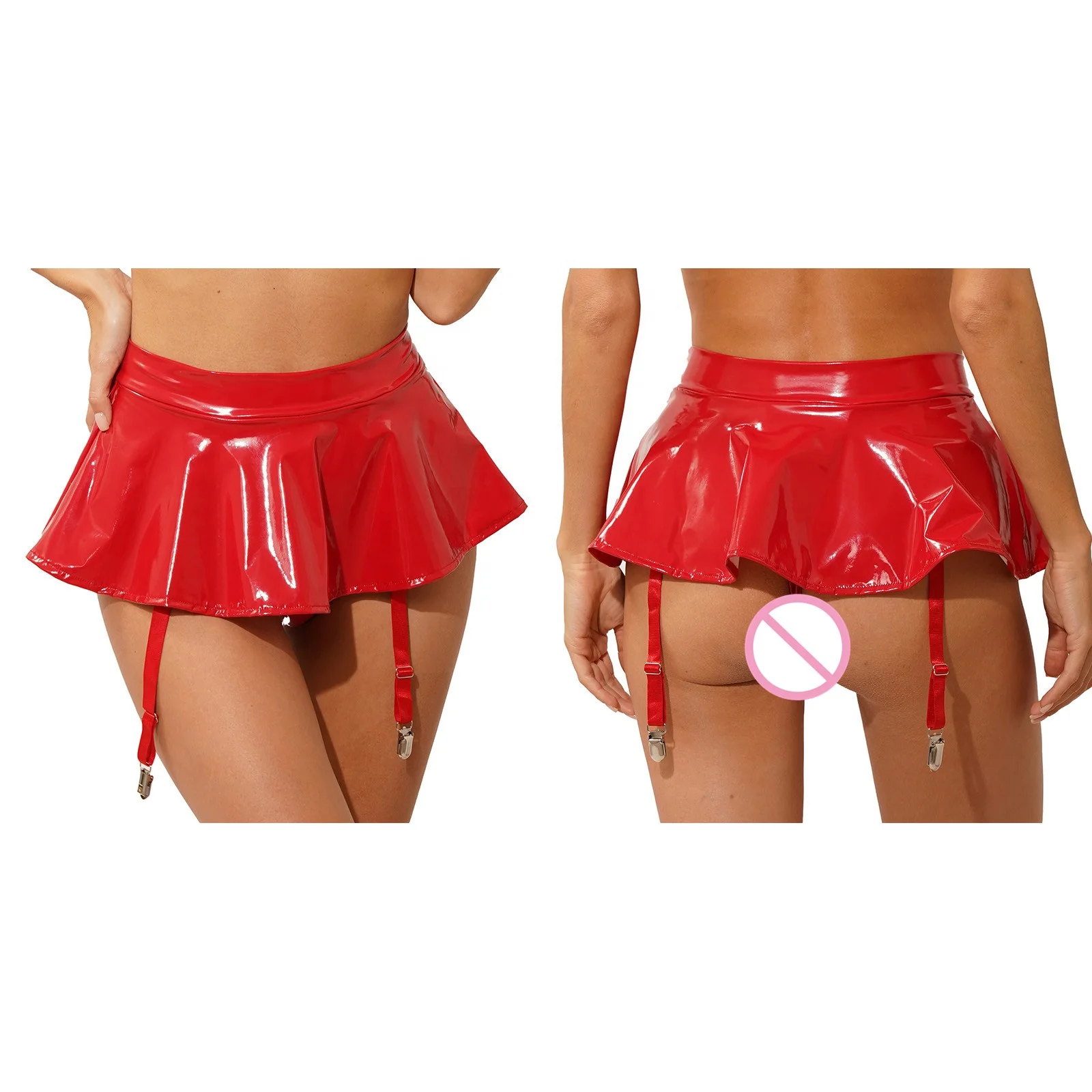 Womens Wet Look Patent Leather Ruffle Skirt Solid Color Built-in Thongs Garter Belts Metal Clips Miniskirt for Party Clubwear
