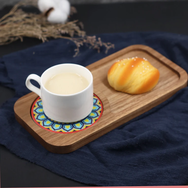 Wholesale Custom Acacia Wood Tray with Coaster Eco-Friendly Dinner Plates for Food Features Plant Pattern