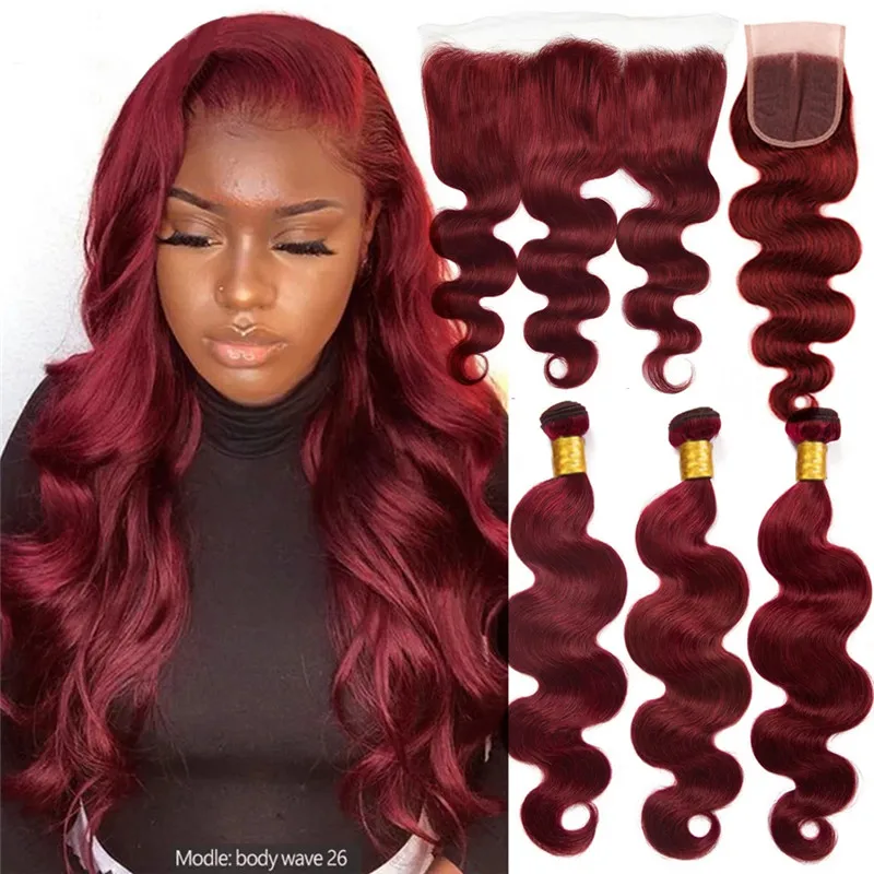 Red Burgundy Body Wave Human Hair Bundles With Closure Cheap Brazilian Colored Burgundy 3 Bundles With Frontal